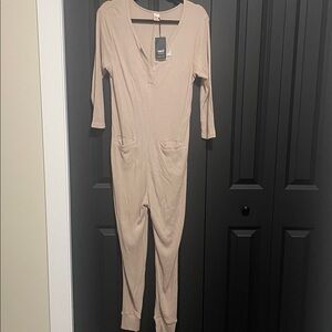 Smash + Tess Beige Textured Waffle Jumpsuit